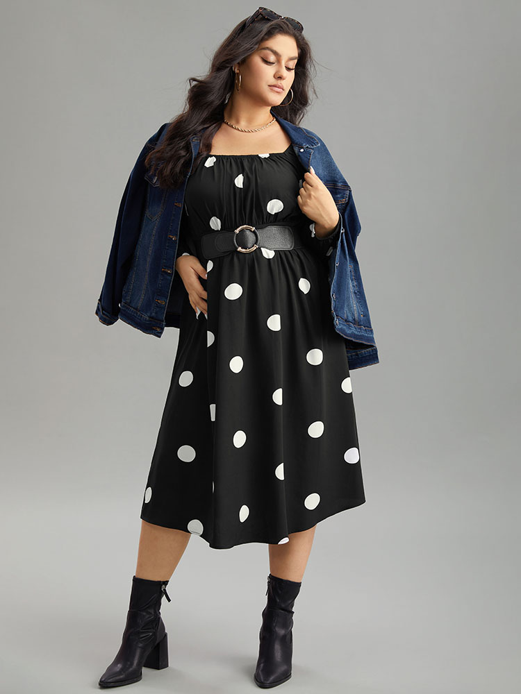 

Plus Size Polka Dot Square Neck Gathered Elastic Cuffs Dress Black Women Elegant Elastic cuffs Square Neck Long Sleeve Curvy Midi Dress BloomChic