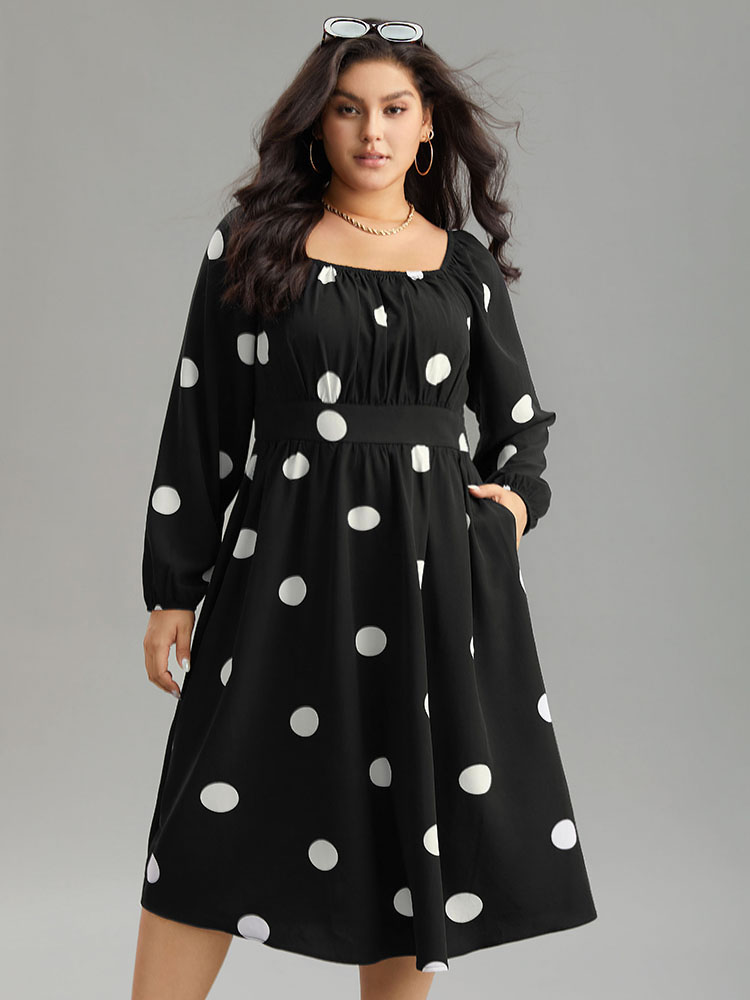 Plus Size Women Dailywear Polka Dot Elastic cuffs Lantern Sleeve Long Sleeve Square Neck Pocket Elegant Dresses BloomChic 
