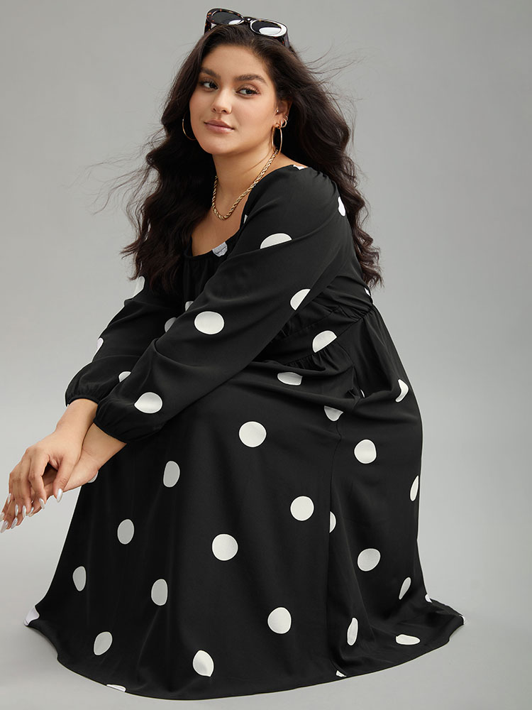Plus Size Women Dailywear Polka Dot Elastic cuffs Lantern Sleeve Long Sleeve Square Neck Pocket Elegant Dresses BloomChic 