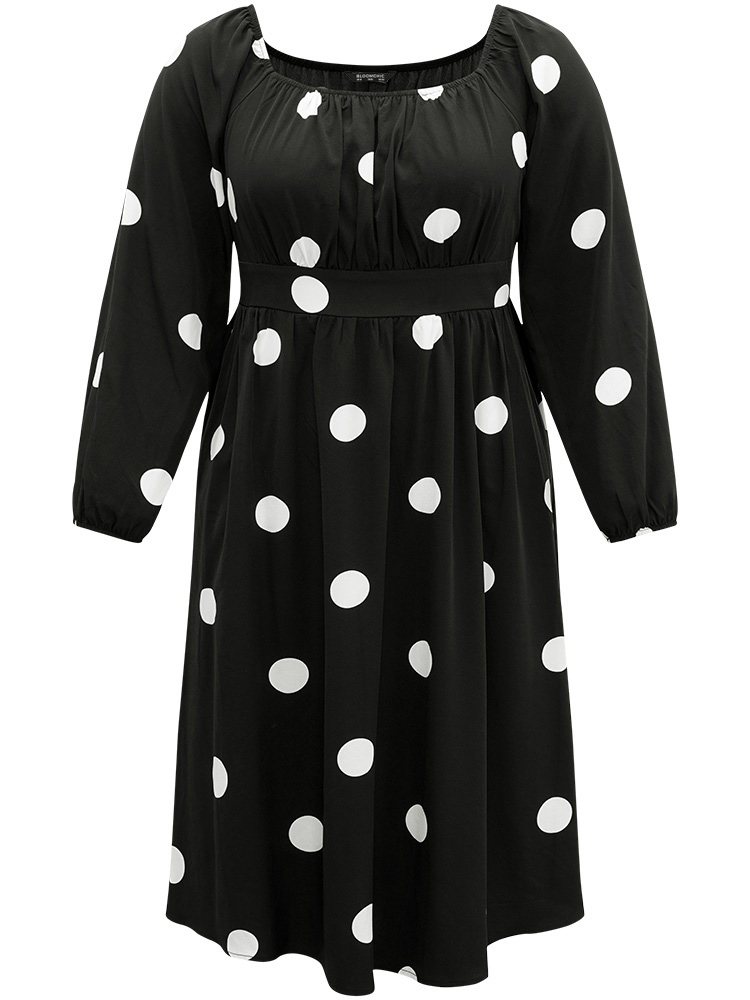 Plus Size Women Dailywear Polka Dot Elastic cuffs Lantern Sleeve Long Sleeve Square Neck Pocket Elegant Dresses BloomChic 