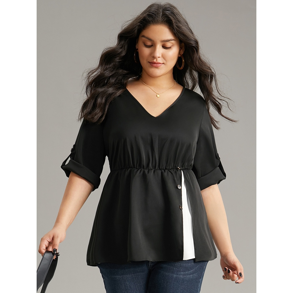 

Plus Size Black Anti-Wrinkle Contrast Button Detail Tab Sleeve Blouse Women At the Office Elbow-length sleeve V-neck Work Blouses BloomChic