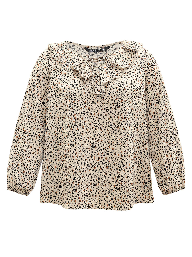 

Plus Size Apricot Leopard Print Ties Flutter Trim Blouse Women Office Long Sleeve V-neck Work Blouses BloomChic