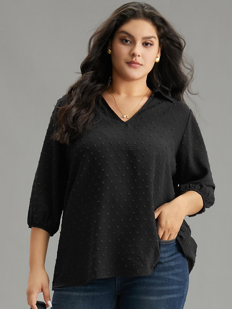 Plus Size Women Work Plain Elastic cuffs Lantern Sleeve Elbow-length sleeve Shirt collar Office Blouses BloomChic 