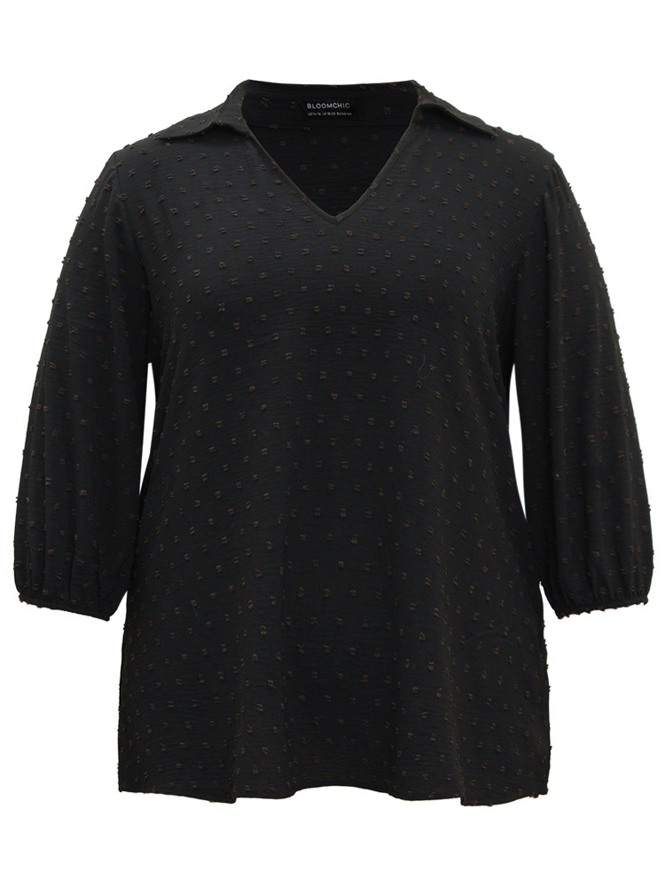 Plus Size Women Work Plain Elastic cuffs Lantern Sleeve Elbow-length sleeve Shirt collar Office Blouses BloomChic 