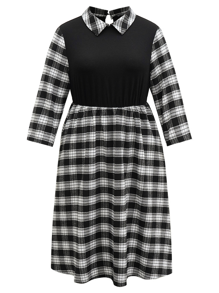 

Plus Size Plaid Patchwork Elastic Waist Lapel Collar Dress Black Women Casual Printed Lapel Collar Elbow-length sleeve Curvy Midi Dress BloomChic