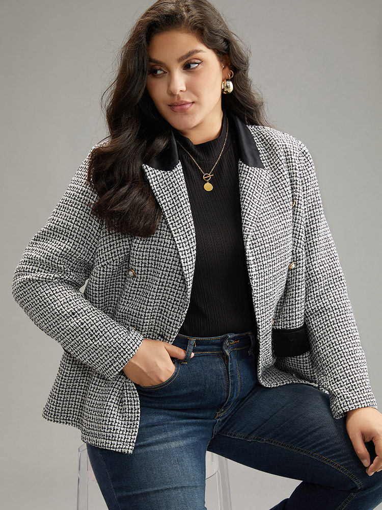 Plus Size Women Work Houndstooth Contrast Regular Sleeve Long Sleeve Lapel Collar At the Office Blazers BloomChic 