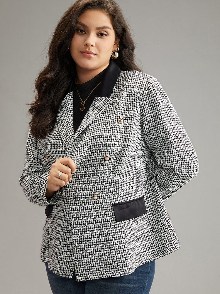 Plus Size Women Work Houndstooth Contrast Regular Sleeve Long Sleeve Lapel Collar At the Office Blazers BloomChic 