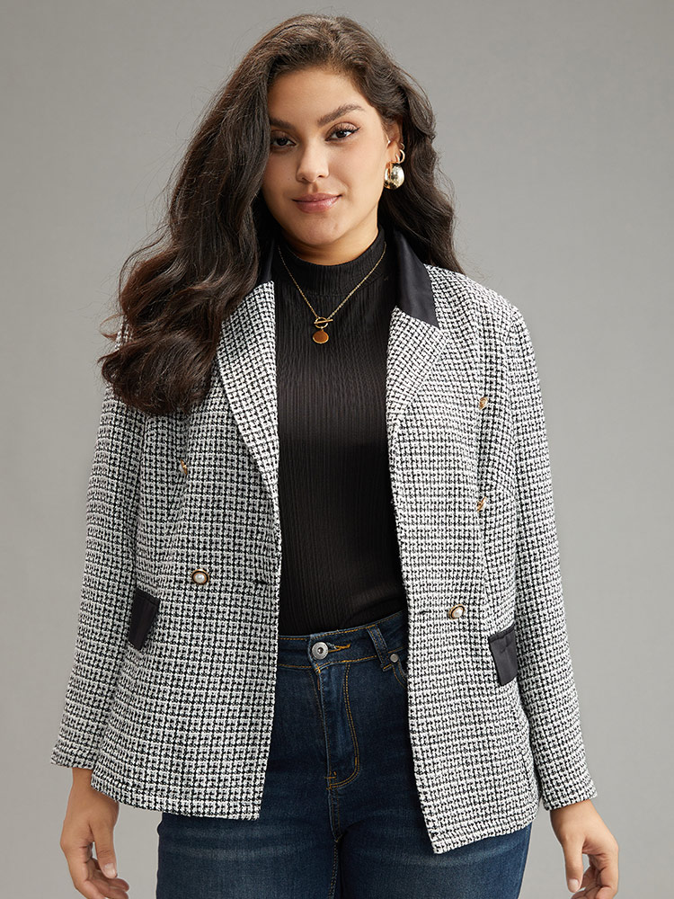 Plus Size Women Work Houndstooth Contrast Regular Sleeve Long Sleeve Lapel Collar At the Office Blazers BloomChic 