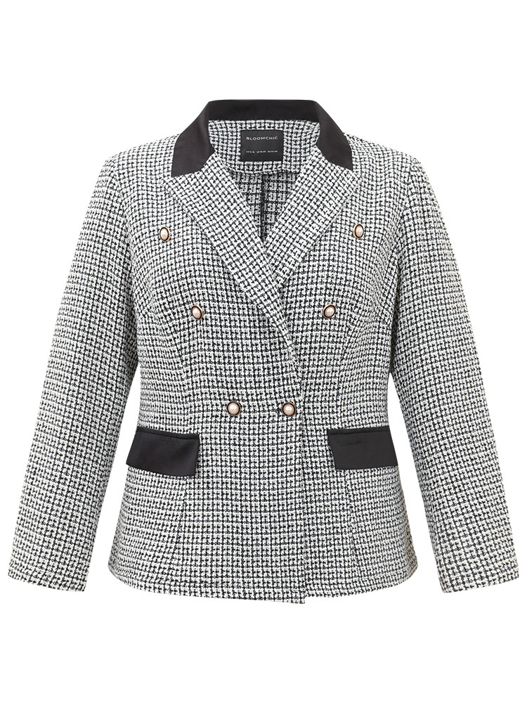 

Plus Size Houndstooth Lapel Collar Button Detail Blazer Black Women Work Houndstooth Contrast Sleeve Long Sleeve Lapel Collar  At the Office Blazers BloomChic