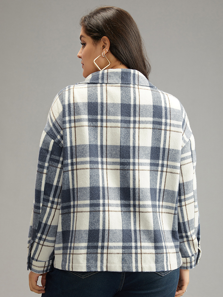 Plus Size Plaid Lapel Collar Metal Detail Pocket Shacket Women DarkBlue Casual Contrast Ladies Everyday Winter Coats BloomChic 22-24/3X 