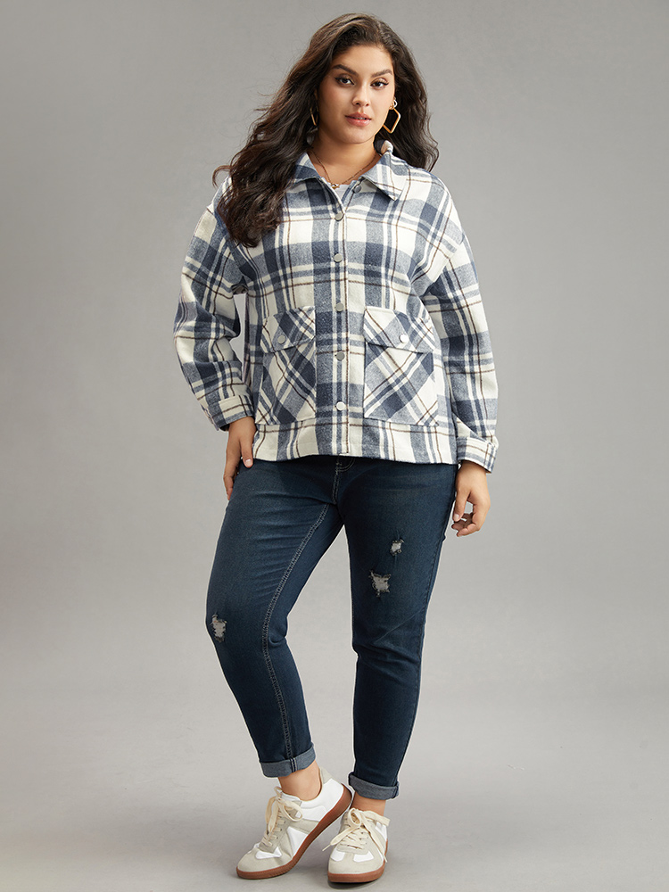 Plus Size Plaid Lapel Collar Metal Detail Pocket Shacket Women DarkBlue Casual Contrast Ladies Everyday Winter Coats BloomChic 22-24/3X 