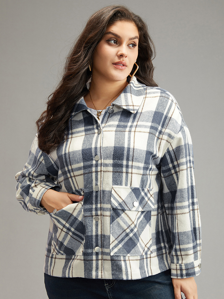 Plus Size Plaid Lapel Collar Metal Detail Pocket Shacket Women DarkBlue Casual Contrast Ladies Everyday Winter Coats BloomChic 22-24/3X 