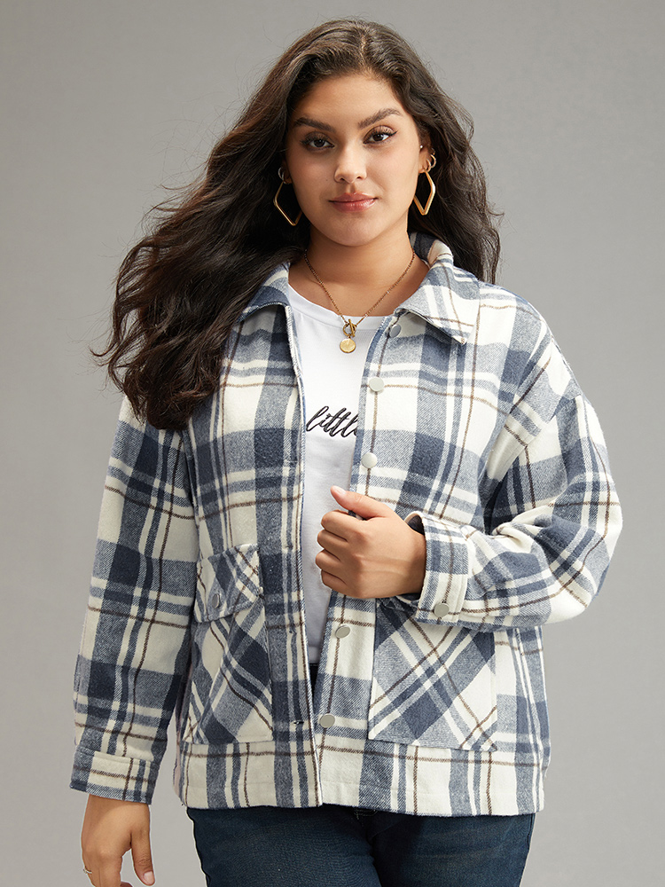 Plus Size Plaid Lapel Collar Metal Detail Pocket Shacket Women DarkBlue Casual Contrast Ladies Everyday Winter Coats BloomChic 22-24/3X 