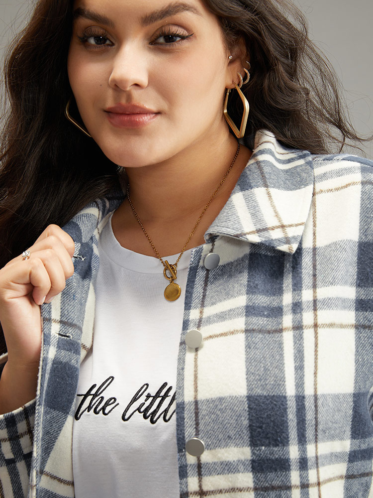 Plus Size Plaid Lapel Collar Metal Detail Pocket Shacket Women DarkBlue Casual Contrast Ladies Everyday Winter Coats BloomChic 22-24/3X 