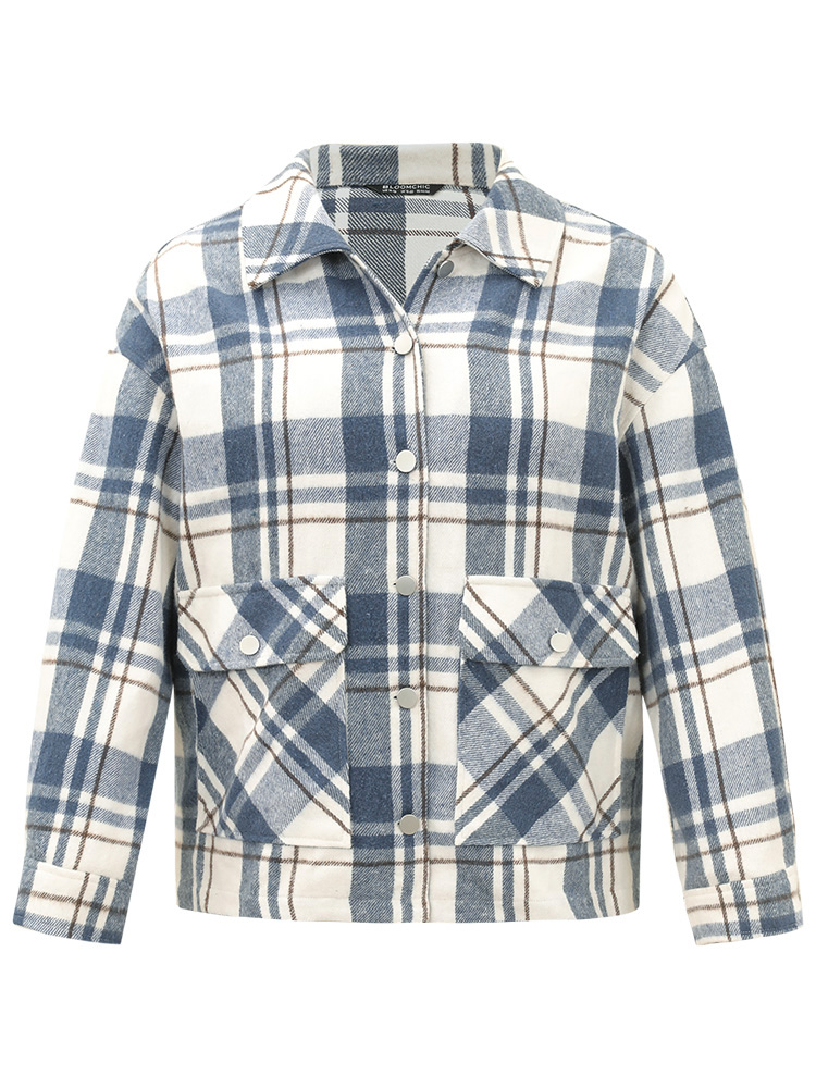 Plus Size Plaid Lapel Collar Metal Detail Pocket Shacket Women DarkBlue Casual Contrast Ladies Everyday Winter Coats BloomChic 22-24/3X 