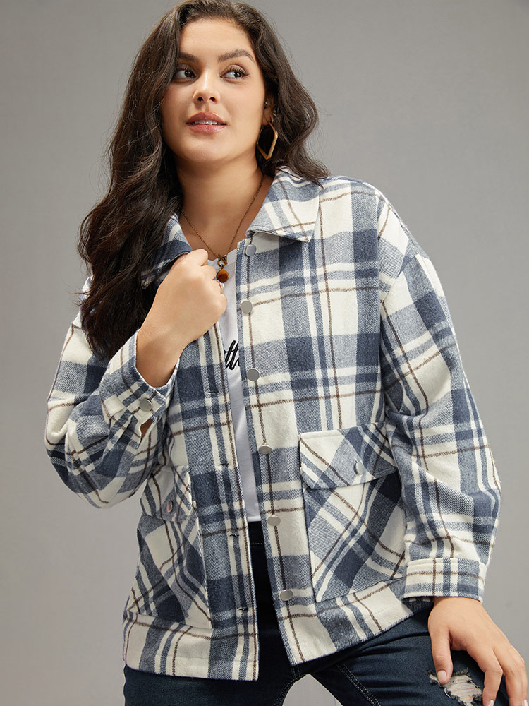 Plus Size Plaid Lapel Collar Metal Detail Pocket Shacket Women DarkBlue Casual Contrast Ladies Everyday Winter Coats BloomChic 22-24/3X 