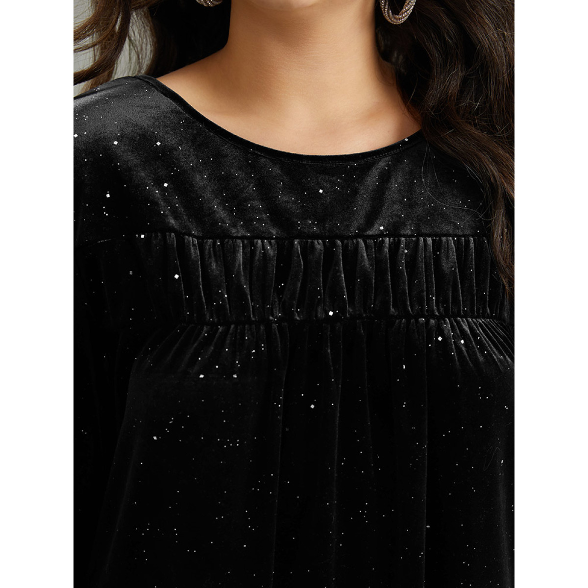 

Plus Size Black Velvet Seam Detail Pleated Blouse Women Glamour Long Sleeve Round Neck Going out Blouses BloomChic