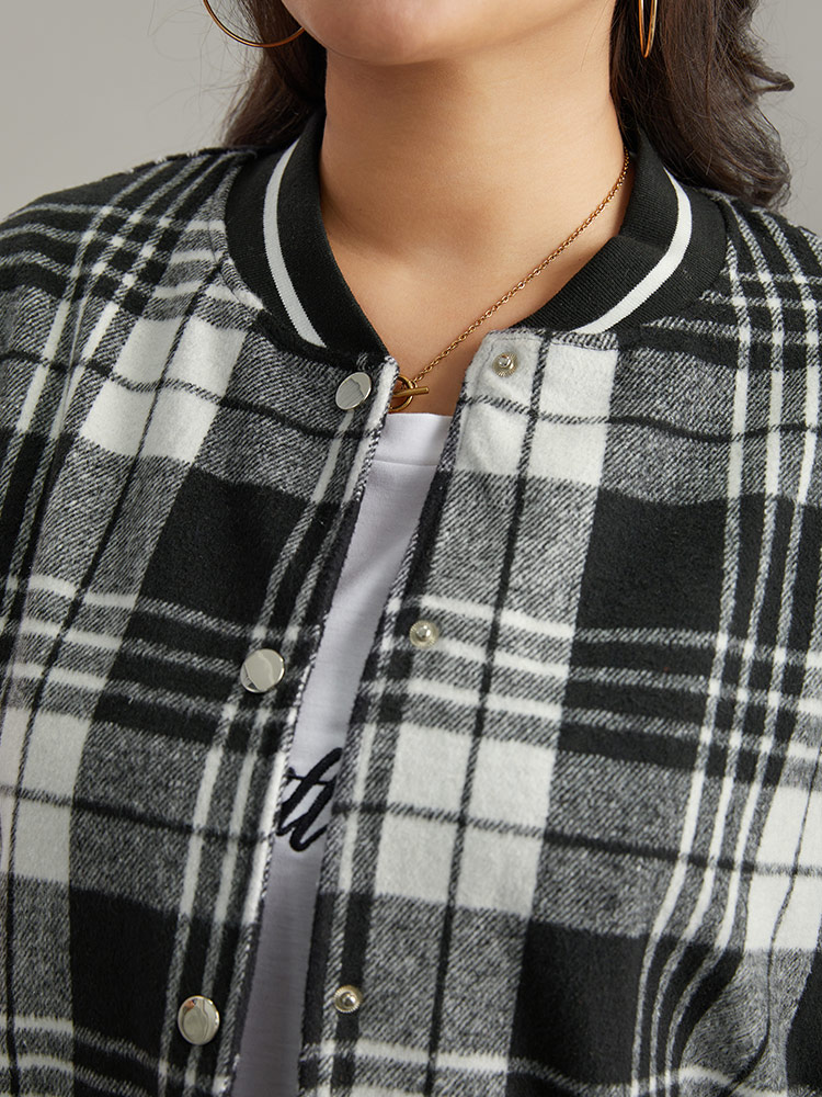 

Plus Size Plaid Button Through Pocket Baseball Collar Bomber Jacket Women Black Elastic cuffs Pocket Dailywear Jackets BloomChic