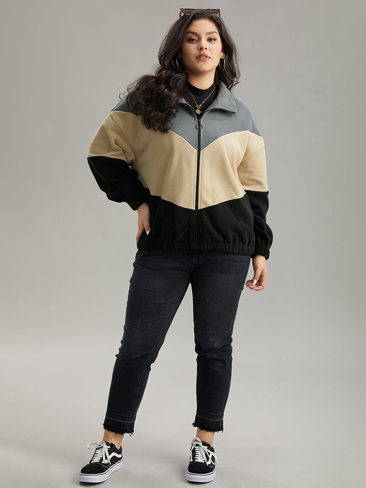 Plus Size Colorblock Contrast Zipper Drop Shoulder Jacket Women Gray Elastic cuffs Dailywear Jackets BloomChic 18-20/2X 