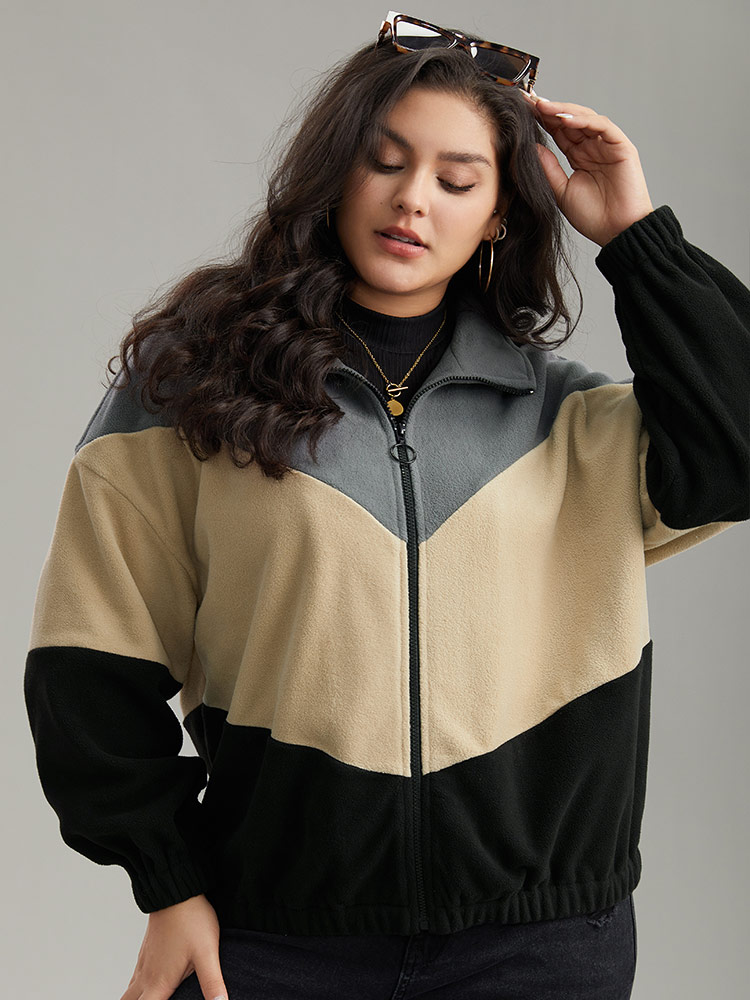 Plus Size Colorblock Contrast Zipper Drop Shoulder Jacket Women Gray Elastic cuffs Dailywear Jackets BloomChic 18-20/2X 