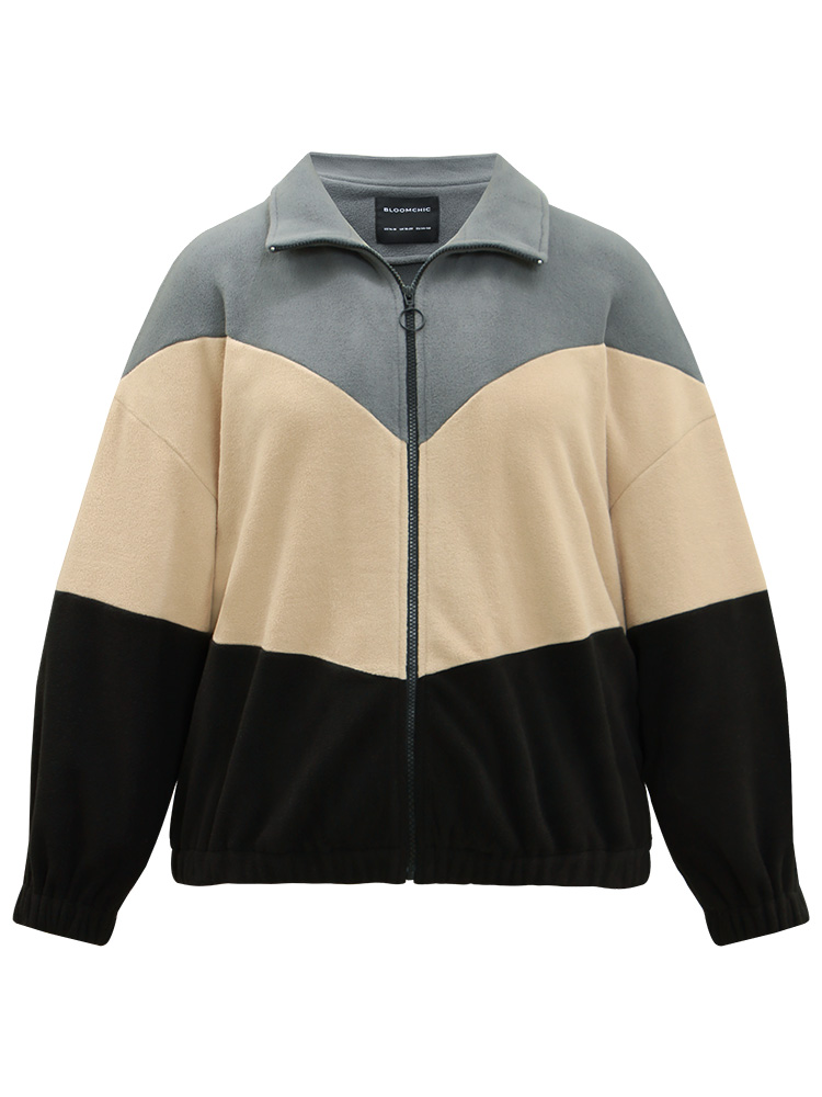 Plus Size Colorblock Contrast Zipper Drop Shoulder Jacket Women Gray Elastic cuffs Dailywear Jackets BloomChic 18-20/2X 