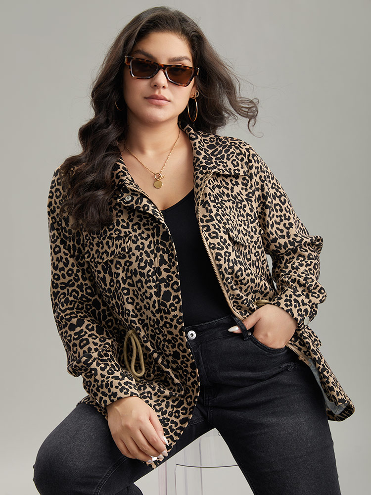 Plus Size Women Dailywear Leopard Button Pocket Casual Jackets BloomChic 