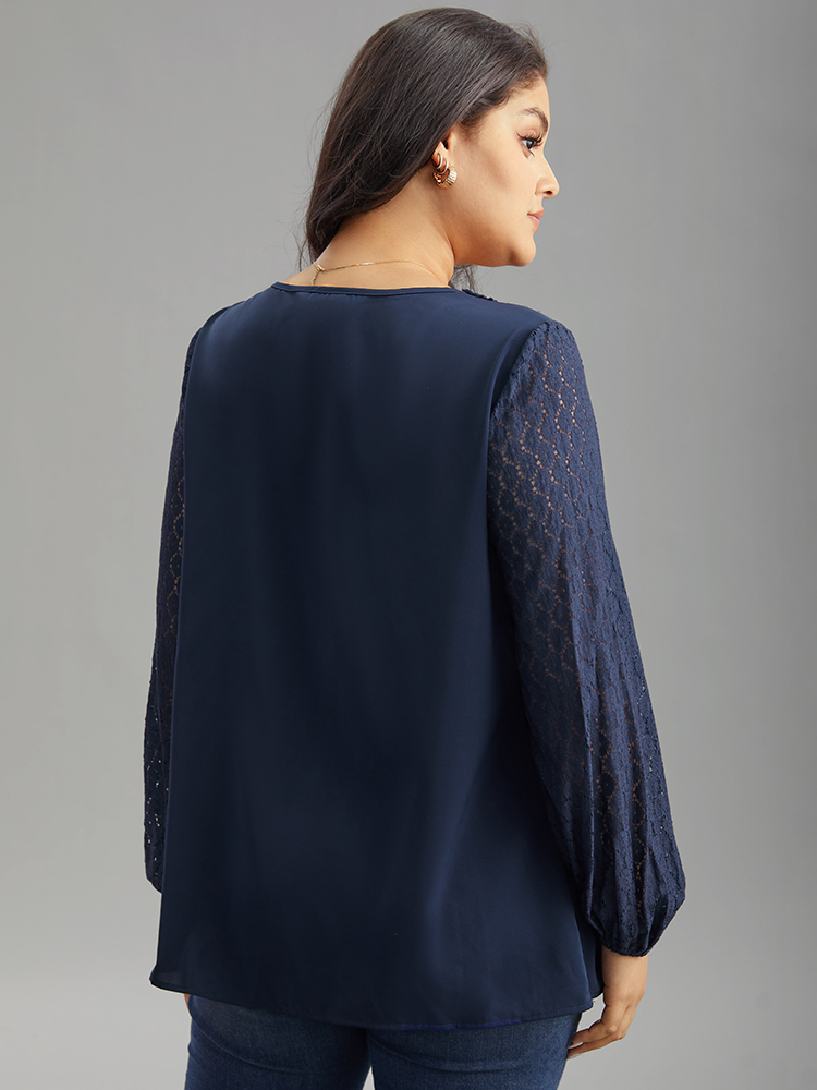 

Plus Size Indigo V Neck Guipure Lace Lantern Sleeve Blouse Women Office Long Sleeve V-neck Work Blouses BloomChic