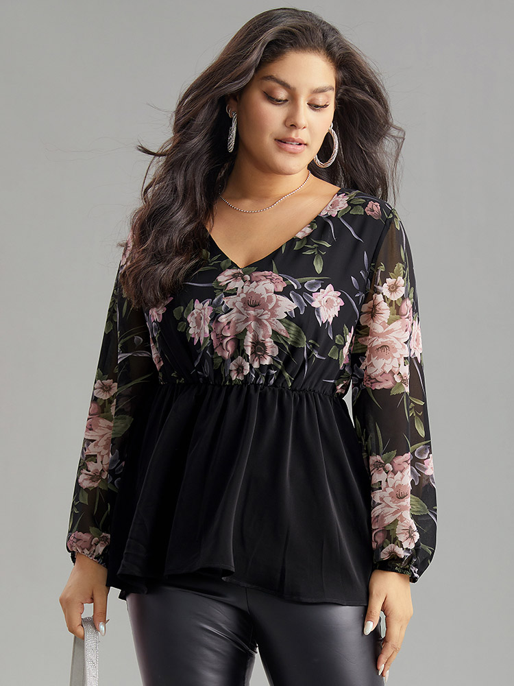 

Plus Size Black Floral Print Patchwork Elastic Waist Lantern Sleeve Blouse Women Elegant Long Sleeve V-neck Going out Blouses BloomChic