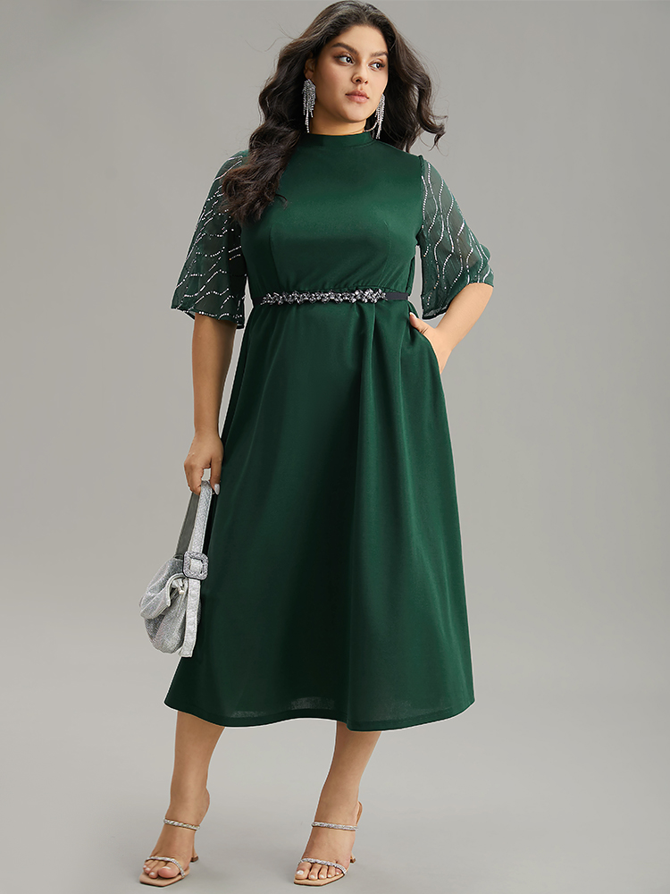 

Plus Size Plain Mesh Sequin Patchwork Ruffle Sleeve Dress DarkGreen Women Party Sequin Stand-up collar Short sleeve Curvy Midi Dress BloomChic