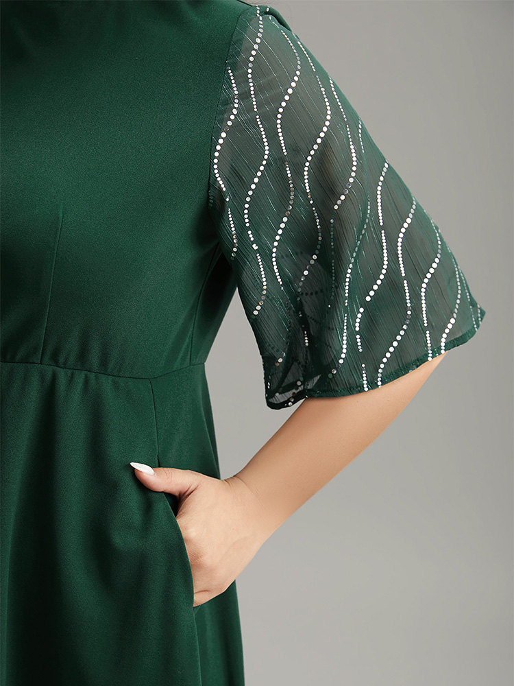 

Plus Size Plain Mesh Sequin Patchwork Ruffle Sleeve Dress DarkGreen Women Party Sequin Stand-up collar Short sleeve Curvy Midi Dress BloomChic