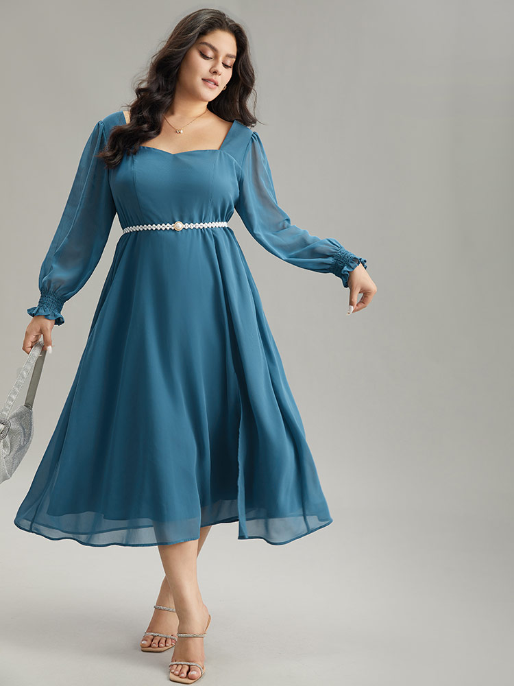 

Plus Size Chiffon Square Neck Shirred Lantern Sleeve Split Hem Dress Aegean Women Glamour Plain Square Neck Long Sleeve Curvy Midi Dress BloomChic