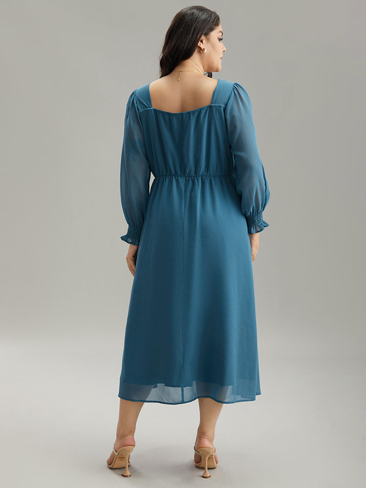 

Plus Size Chiffon Square Neck Shirred Lantern Sleeve Split Hem Dress Aegean Women Glamour Plain Square Neck Long Sleeve Curvy Midi Dress BloomChic