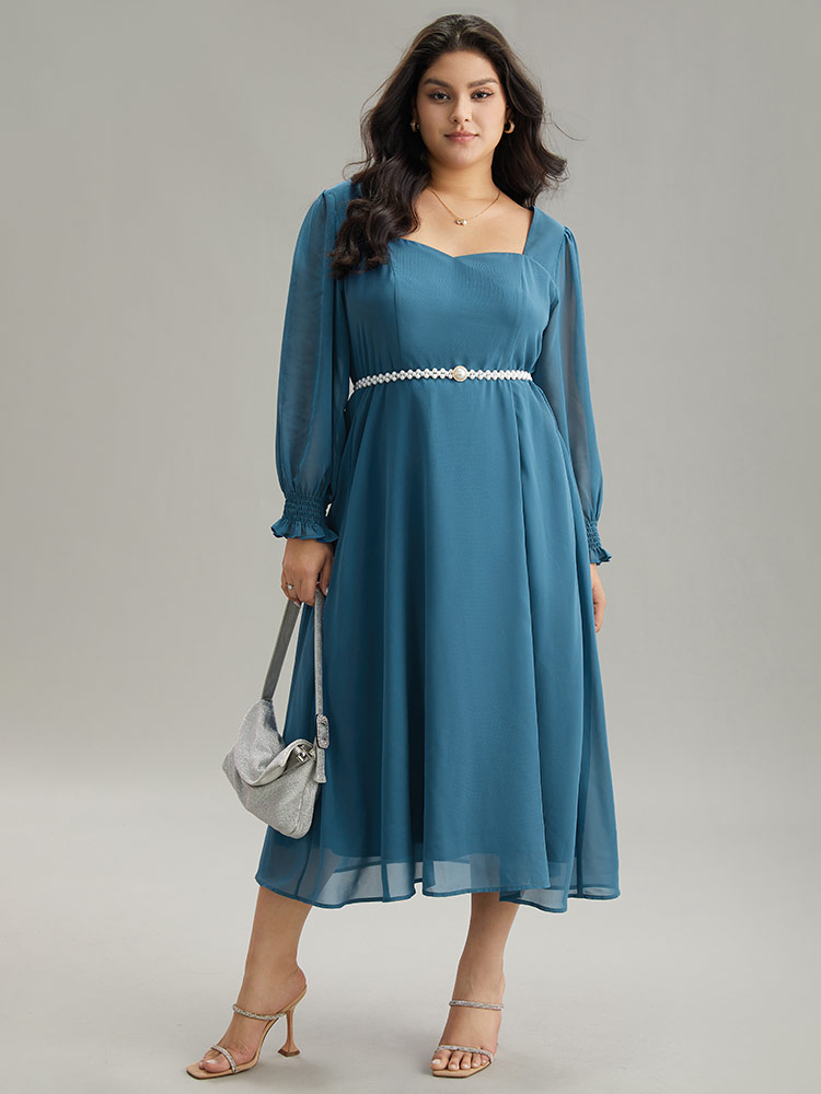 Plus Size Chiffon Square Neck Shirred Lantern Sleeve Split Hem Dress Aegean Women Glamour Plain Square Neck Long Sleeve Curvy Midi Dress BloomChic 28/5X 