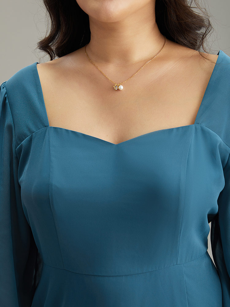 Plus Size Chiffon Square Neck Shirred Lantern Sleeve Split Hem Dress Aegean Women Glamour Plain Square Neck Long Sleeve Curvy Midi Dress BloomChic 28/5X 