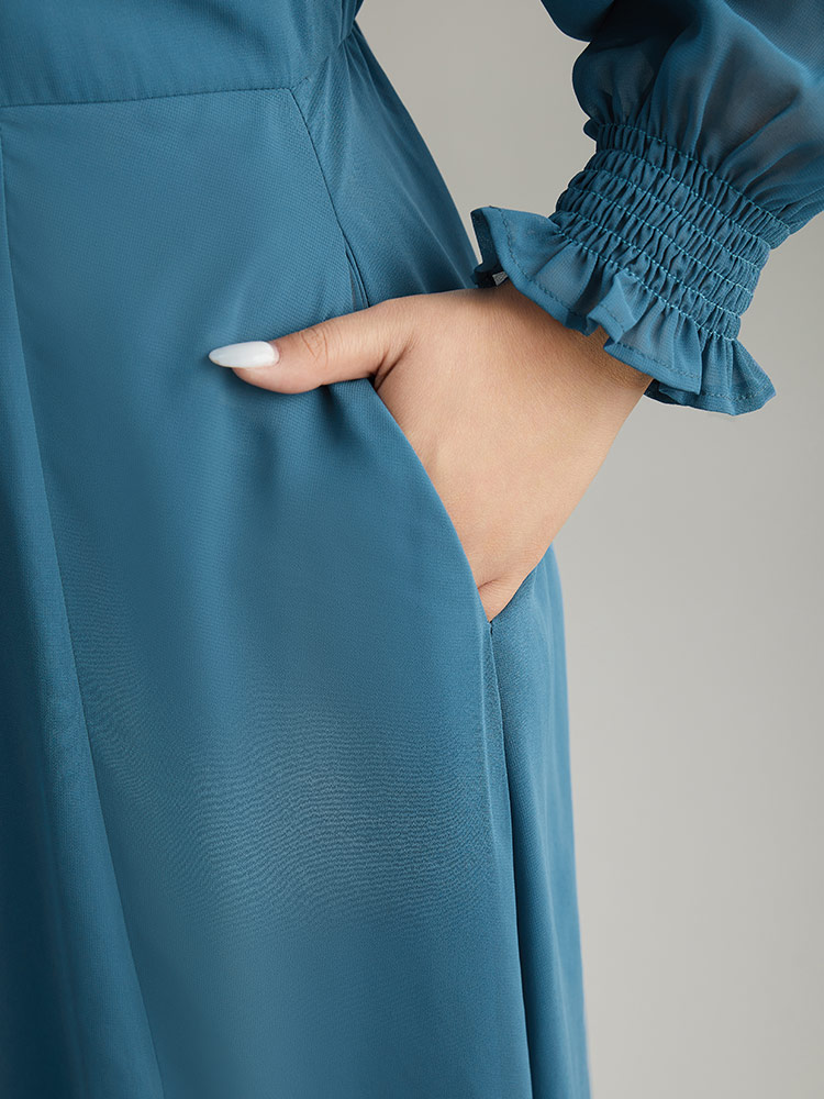 Plus Size Chiffon Square Neck Shirred Lantern Sleeve Split Hem Dress Aegean Women Glamour Plain Square Neck Long Sleeve Curvy Midi Dress BloomChic 28/5X 
