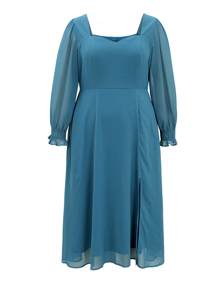 Plus Size Chiffon Square Neck Shirred Lantern Sleeve Split Hem Dress Aegean Women Glamour Plain Square Neck Long Sleeve Curvy Midi Dress BloomChic 28/5X 