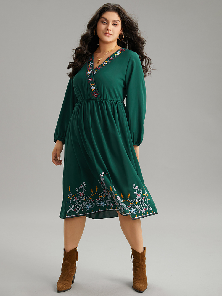 

Plus Size Boho Print Embroidered Wrap Lantern Sleeve Dress DarkGreen Women Elastic cuffs Overlap Collar Long Sleeve Curvy Midi Dress BloomChic