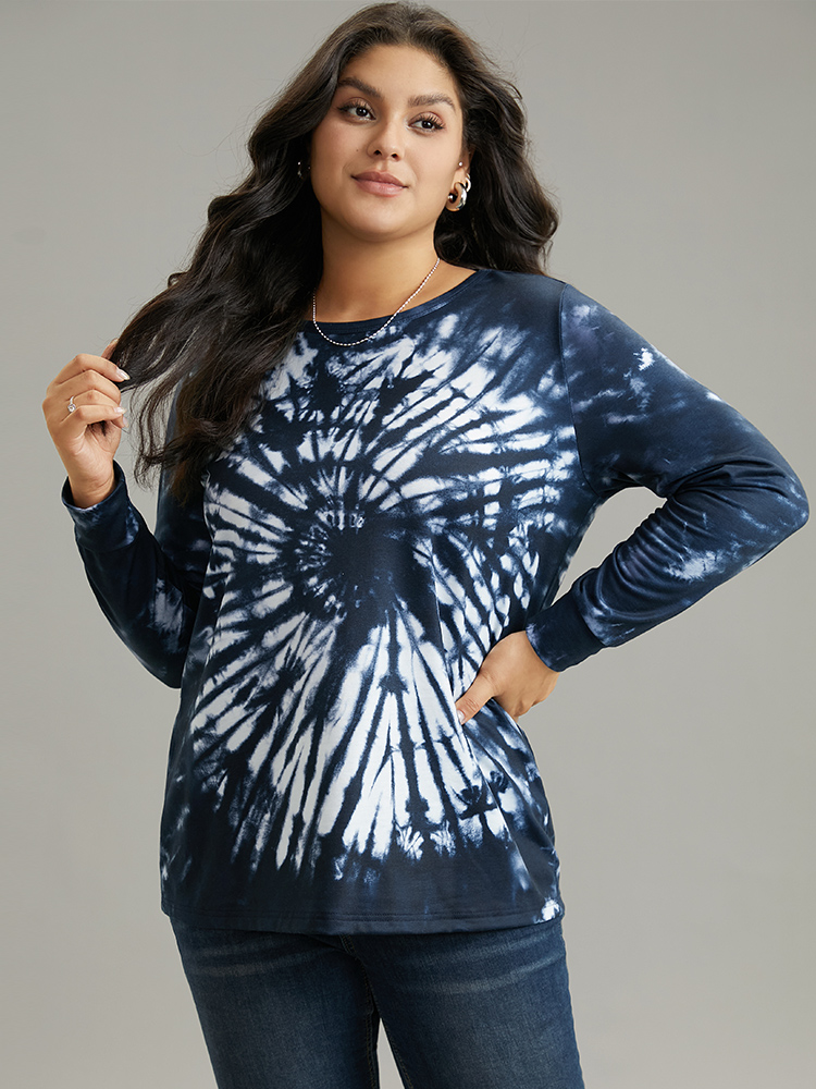 

Plus Size Tie Dye Long Sleeve Crew Neck Sweatshirt Women DarkBlue Casual Printed Round Neck Dailywear Sweatshirts BloomChic