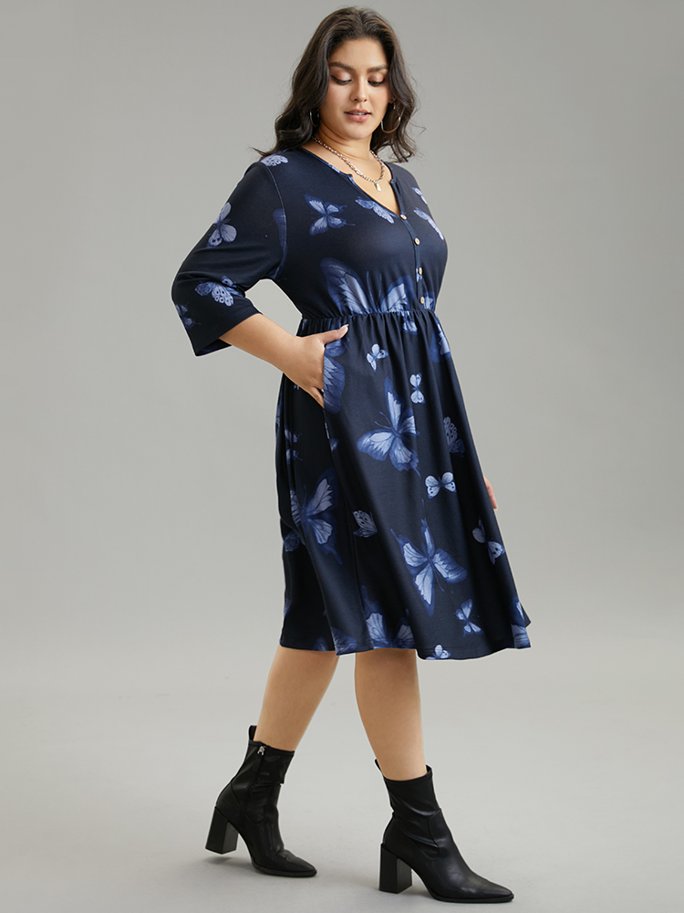 

Plus Size Butterfly Print Notched Elastic Waist Button Detail Dress Midnight Women Gathered Notched collar Elbow-length sleeve Curvy Midi Dress BloomChic