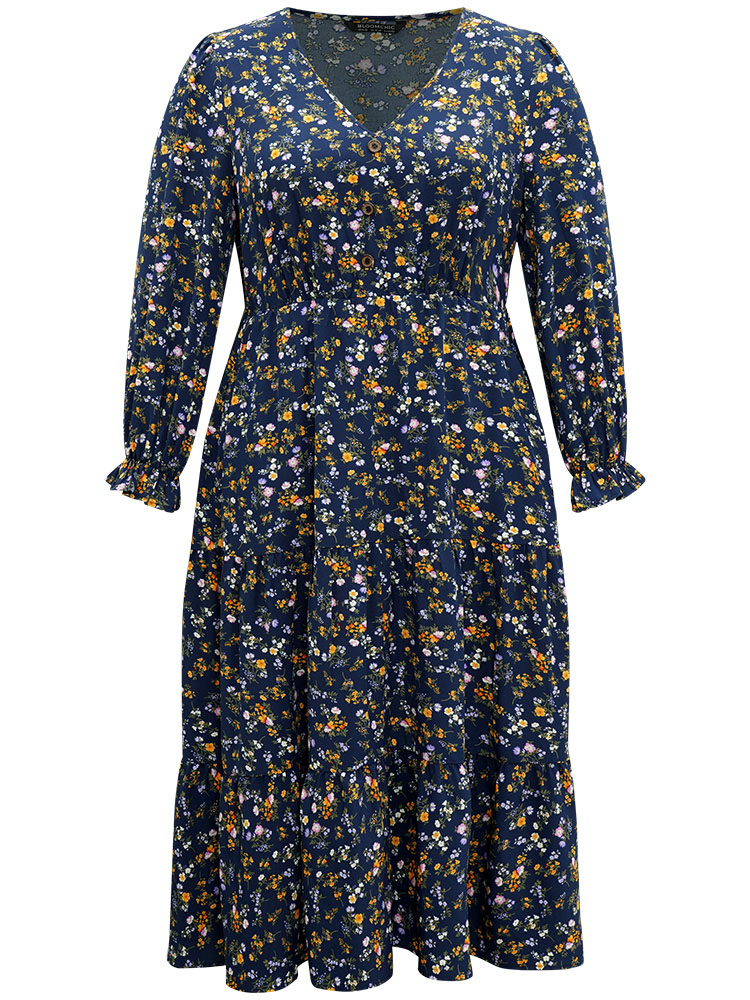 

Plus Size Ditsy Floral Button Detail Ruffles Pocket Dress Navy Women Office Printed V-neck Long Sleeve Curvy Midi Dress BloomChic