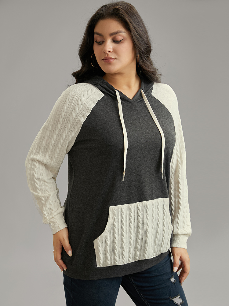Plus Size Women Everyday Plain Texture Regular Raglan sleeve Long Sleeve Hooded Pocket Casual Sweatshirts BloomChic 