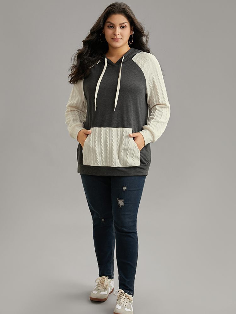 Plus Size Women Everyday Plain Texture Regular Raglan sleeve Long Sleeve Hooded Pocket Casual Sweatshirts BloomChic 
