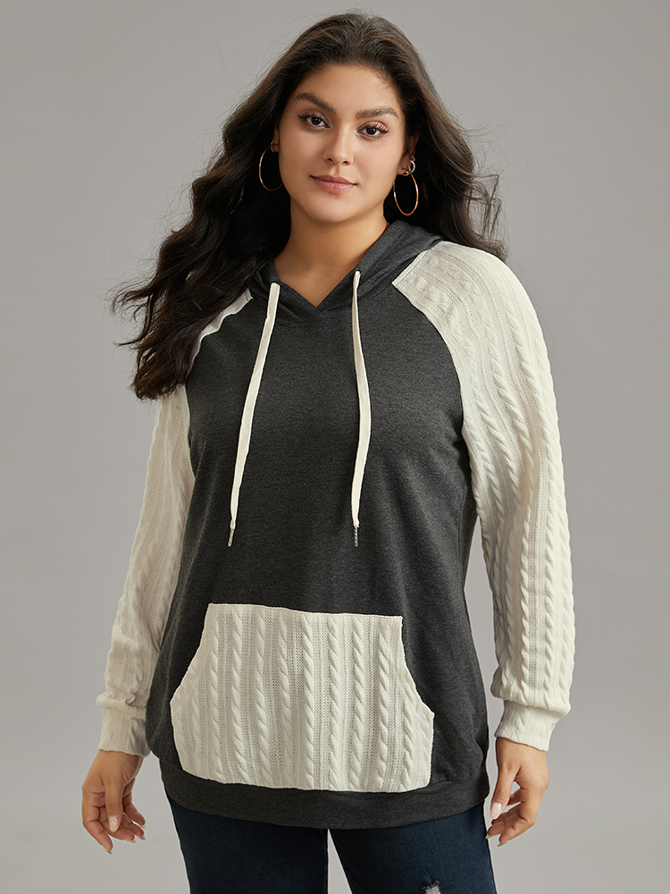 Plus Size Women Everyday Plain Texture Regular Raglan sleeve Long Sleeve Hooded Pocket Casual Sweatshirts BloomChic 