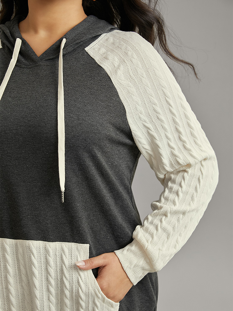 Plus Size Women Everyday Plain Texture Regular Raglan sleeve Long Sleeve Hooded Pocket Casual Sweatshirts BloomChic 