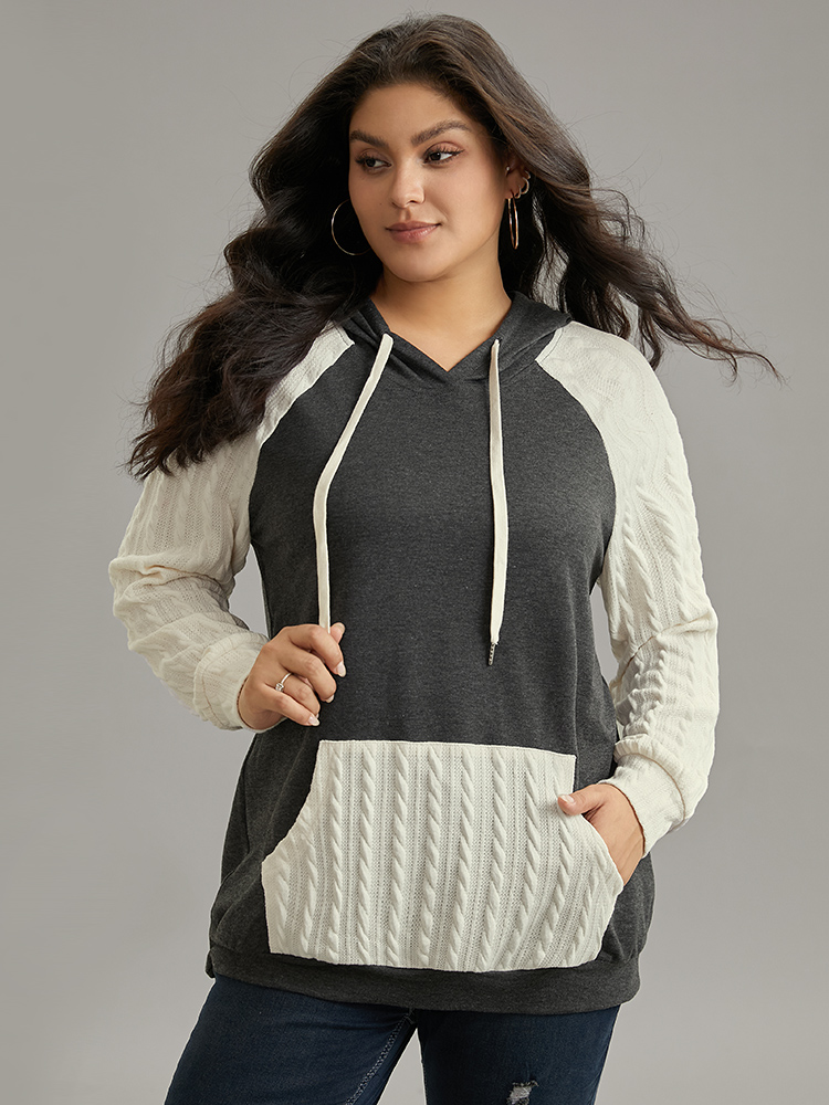 Plus Size Women Everyday Plain Texture Regular Raglan sleeve Long Sleeve Hooded Pocket Casual Sweatshirts BloomChic 