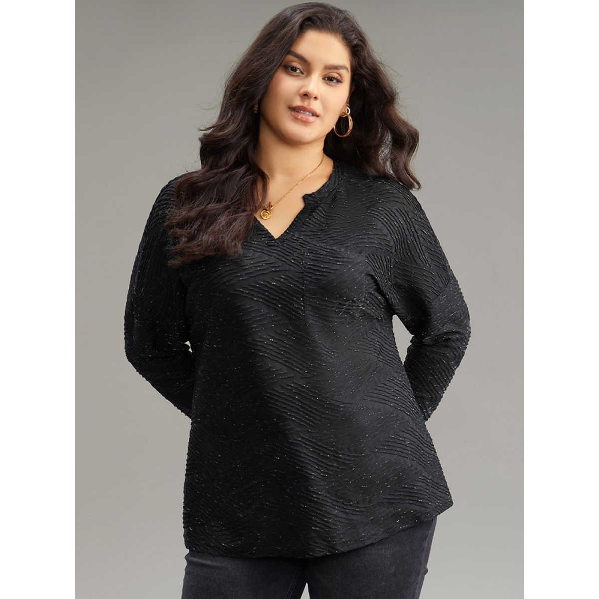 

Plus Size Plisse Solid Notched Long Sleeve T-shirt Black Women Casual Texture Plain Notched collar Dailywear T-shirts BloomChic