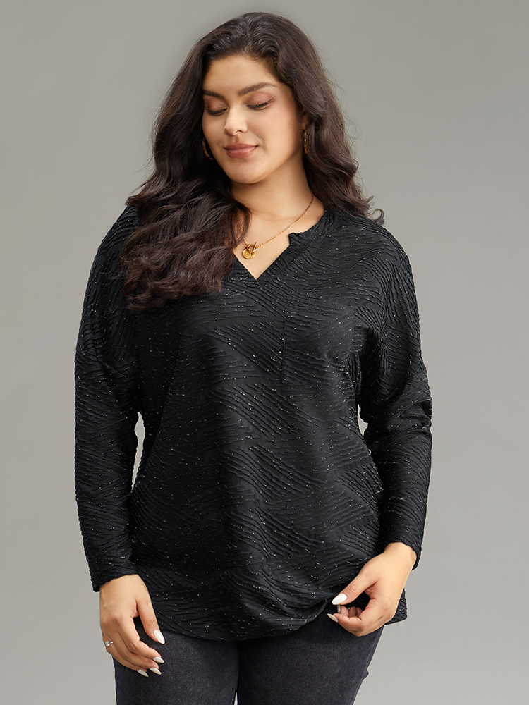 

Plus Size Plisse Solid Notched Long Sleeve T-shirt Black Women Casual Texture Plain Notched collar Dailywear T-shirts BloomChic