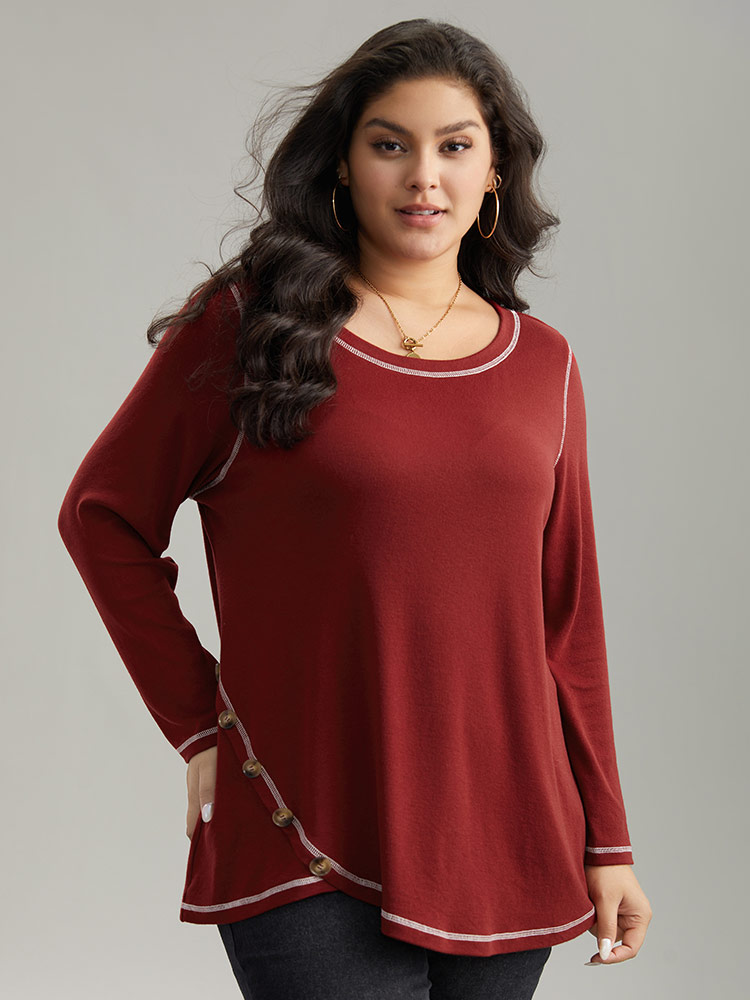 

Plus Size Contrast Trim Stitch Button Detail T-shirt Raspberry Women Casual Plain Plain Round Neck Dailywear T-shirts BloomChic