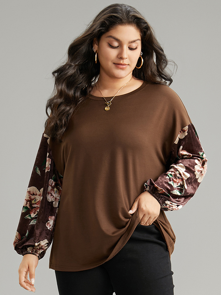 Plus Size Women Dailywear Floral Velvet Regular Lantern Sleeve Long Sleeve Round Neck Casual Sweatshirts BloomChic 