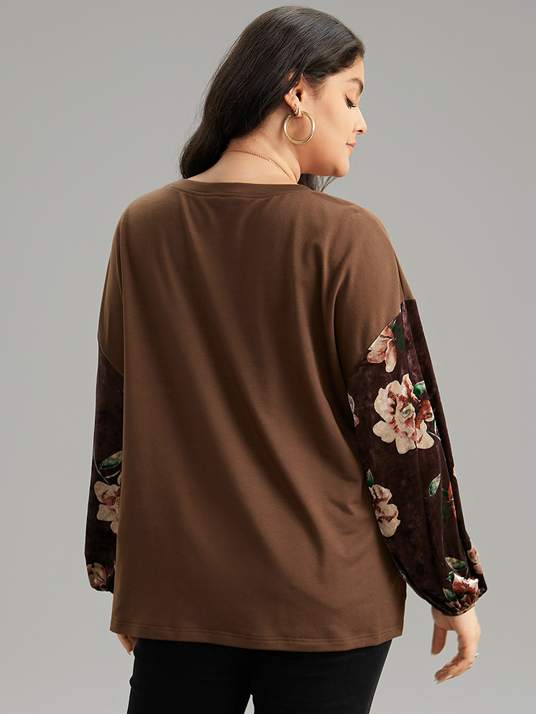 Plus Size Women Dailywear Floral Velvet Regular Lantern Sleeve Long Sleeve Round Neck Casual Sweatshirts BloomChic 